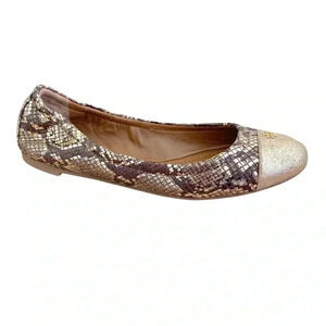 Tory Burch Gold Roccia Ballet Flats Shoes Size 6 Cap Toe Snakeprint Classic